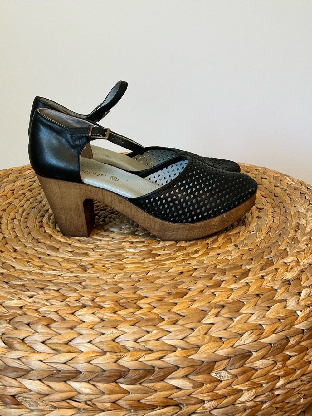 Eric Michael Black Perforated Leather Mary Jane Heels